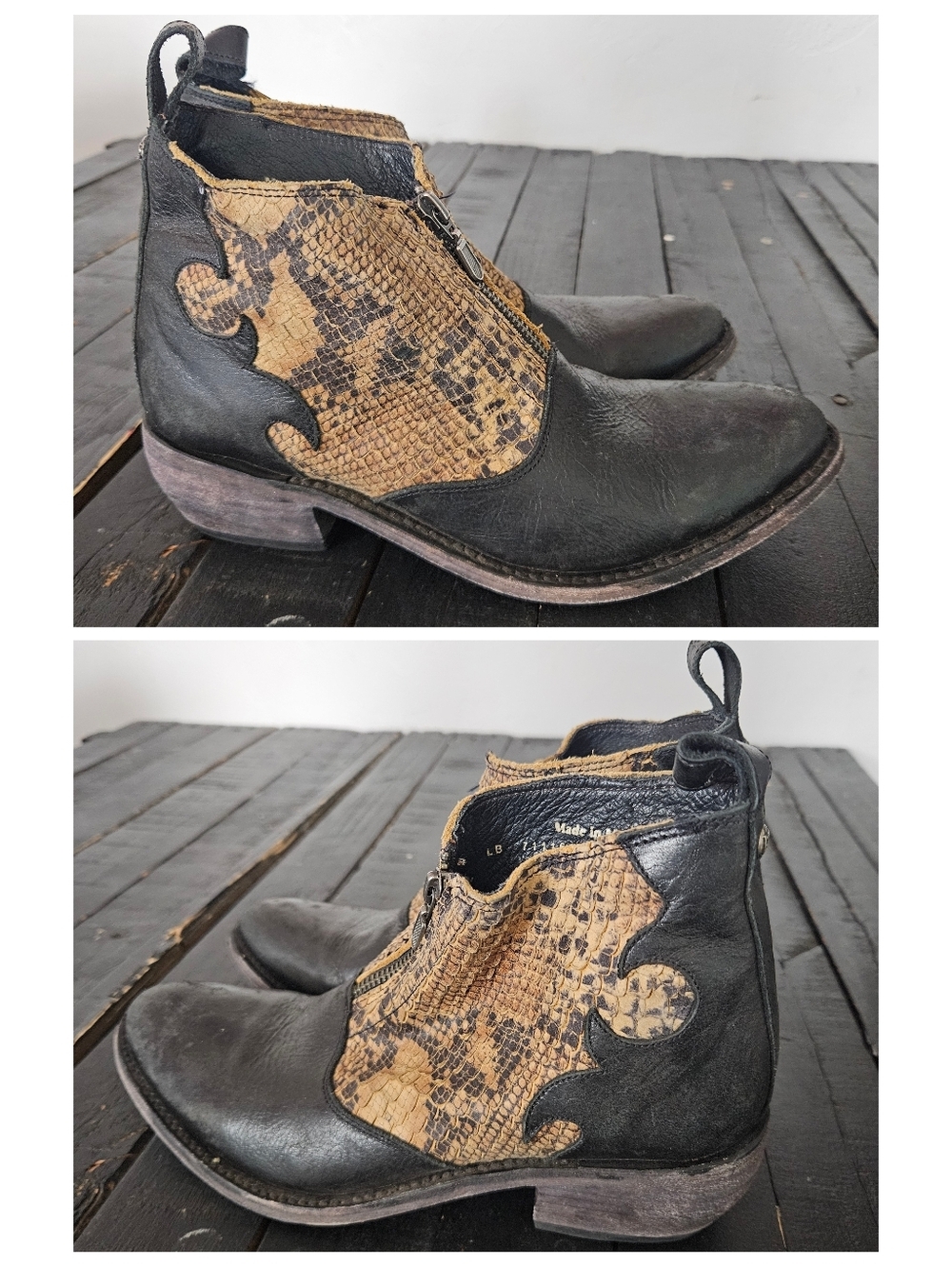 Liberty Black Tan Leather Ankle Boots Booties Snakeskin Round Toe Women's 7.5